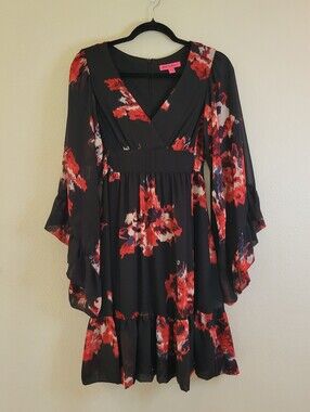 Betsey Johnson Bambi Black & Red Floral V-neck Dress Long Bell Sleeves Ladies 8.